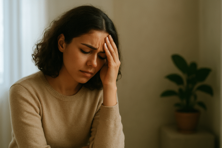Mulher jovem com expressão de cansaço e preocupação, sentada em ambiente acolhedor, representando sinais de saúde emocional abalada.