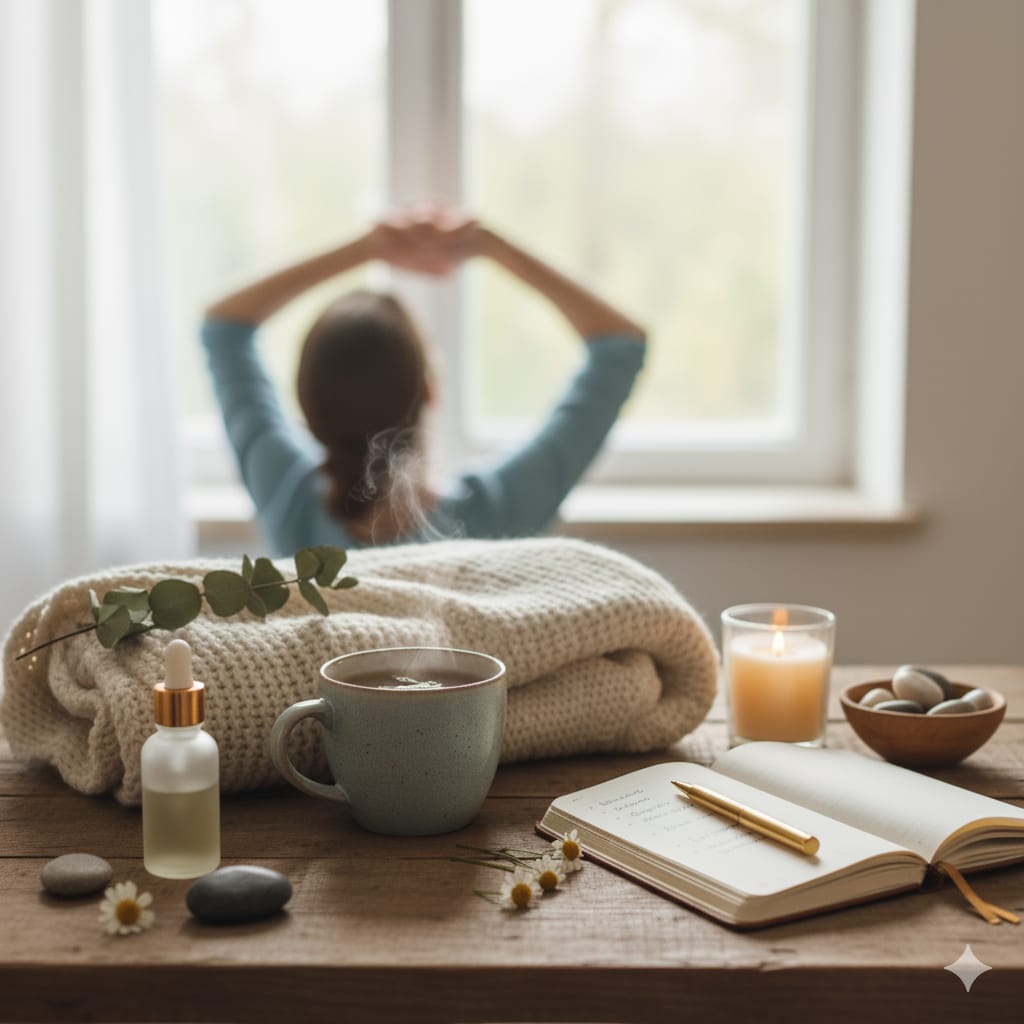 Mesa de autocuidado com chá quente, caderno de anotações e vela acesa, simbolizando uma rotina de autocuidado equilibrada e relaxante, com mulher alongando-se ao fundo em ambiente tranquilo e acolhedor.