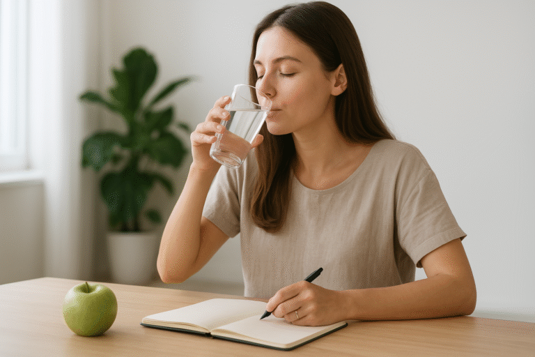 Mulher jovem bebendo um copo de água enquanto escreve em um planner, representando hábitos saudáveis para ter mais energia e bem-estar no dia a dia.