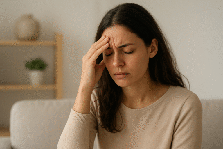 Mulher sentada com a mão na cabeça demonstrando sinal de mal estar e esgotamento físico ou mental.