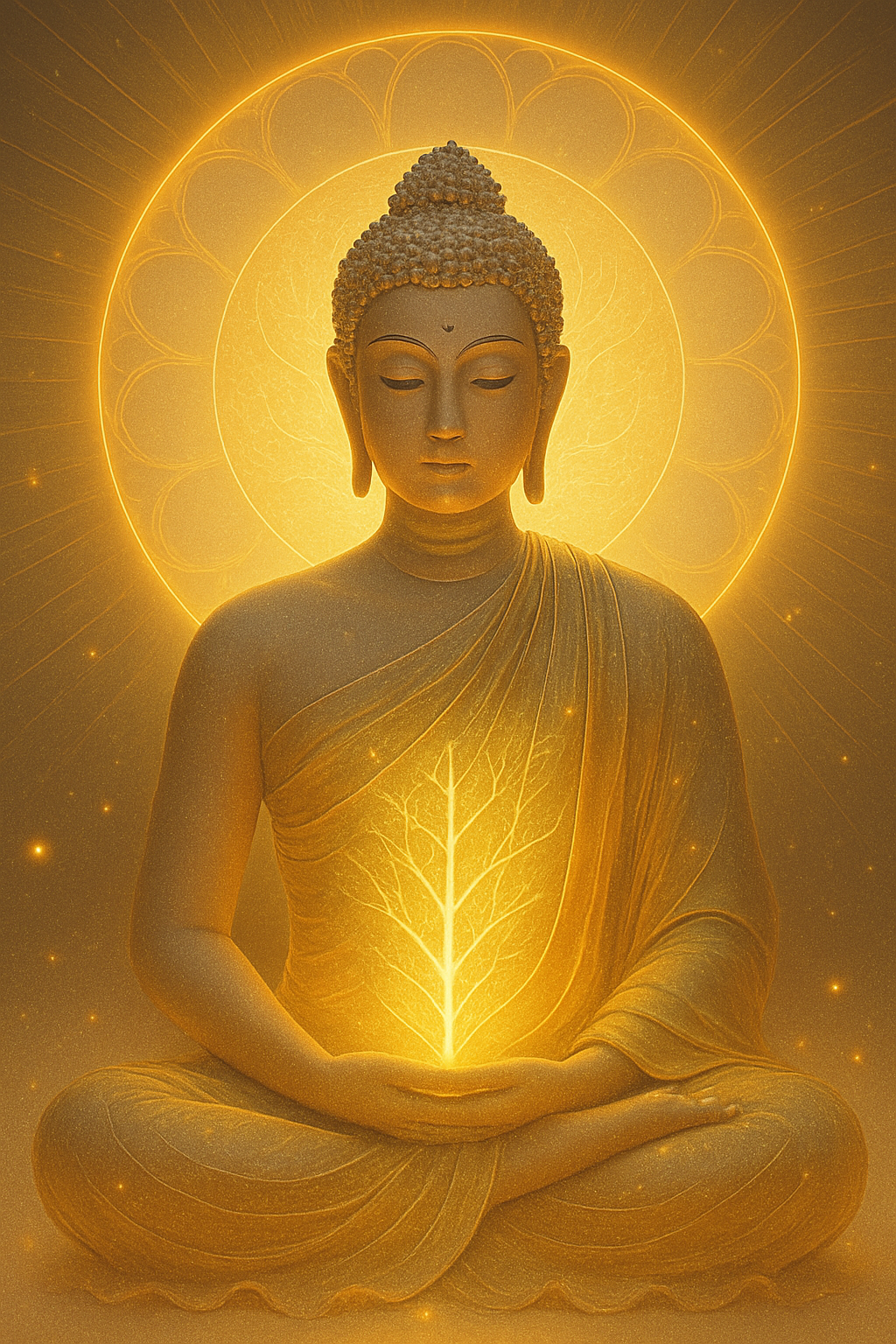 Ilustração espiritual de Buda em meditação com luz dourada irradiando do coração, simbolizando o despertar espiritual e a elevação da consciência interior